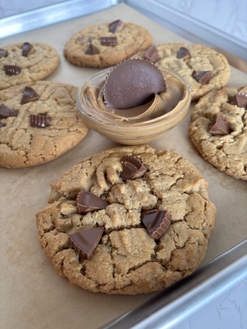 Close-up of chocolate chip cookies with a bowl of chocolate on a baking tray.