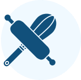 Icon of a rolling pin and dough cutter in blue circle.